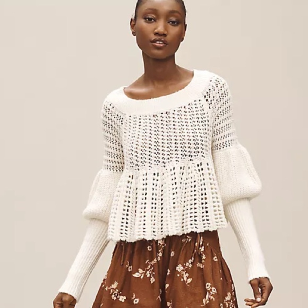 NWT Anthropologie Puff-Sleeve Crew-Neck Sweater Cropped Open Knit Sz Large